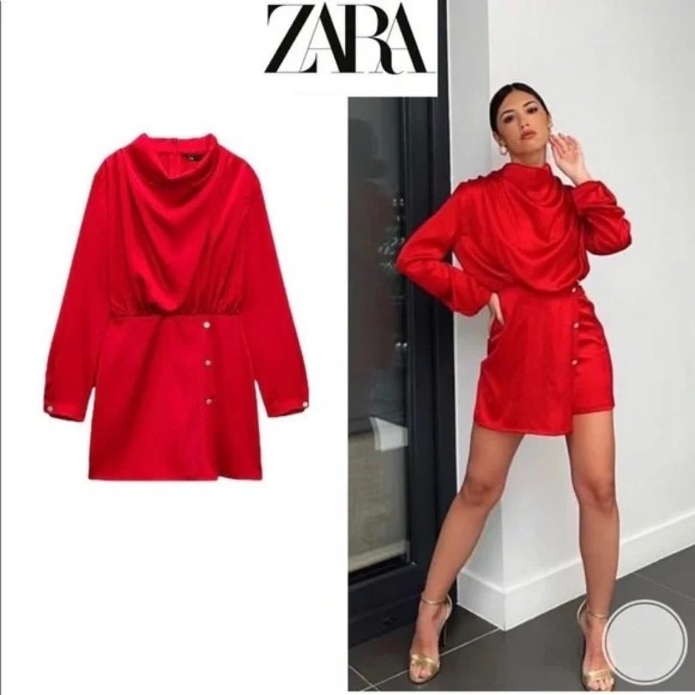 Zara Red Satin Short Jumpsuit with Rhinestone Button